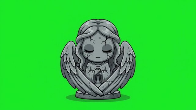 Cute stone angel statue with cracked texture isolated on green screen background