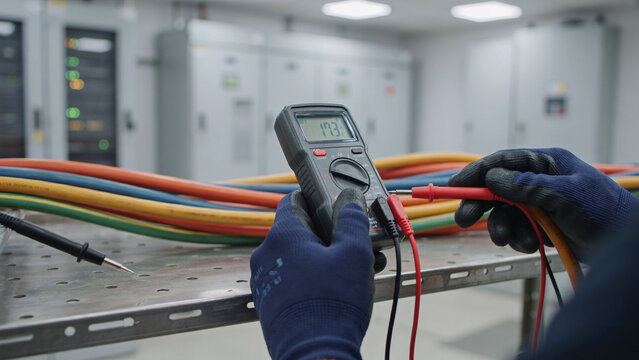 Digital multimeter measures electrical current with cables in a server room