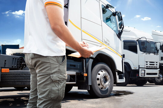 Truck Drivers Checking Maintenance Semi Truck. Freight Transportation. Semi Trailer Truck, Big rig. Inspector Mechanic, Maintenance Safety Checklist, Inspecting Safety Driving. Truck Logistics
