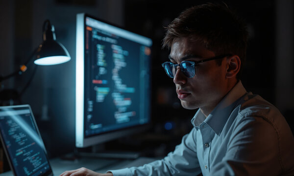 Developer programmer coding focused man develops software on monitor and laptop in dark office using desk lamp for night work