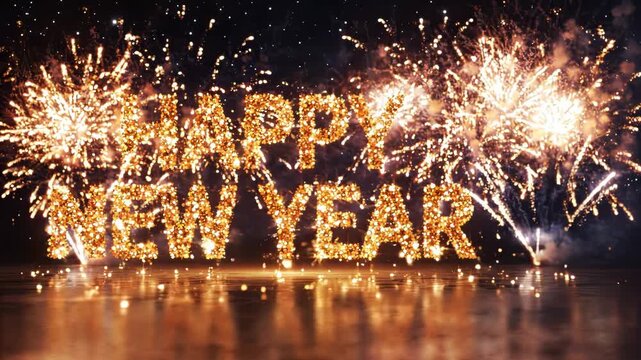 Happy new year gold glitter text with fireworks display background, for holiday celebration, and festive greeting motion