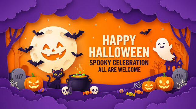 Paper craft style background with pumpkins and bats for a festive holiday celebration event design with illustration pumpkins cats