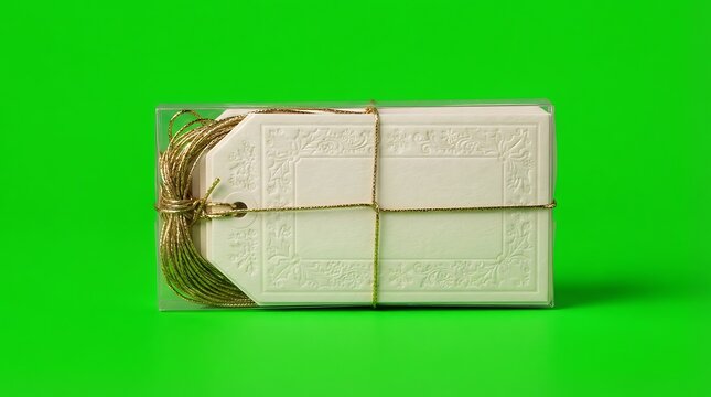 A stack of elegant white gift tags with gold string inside clear packaging