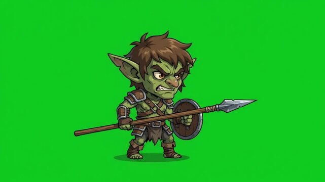 Angry goblin warrior character holding a spear and shield on green screen background