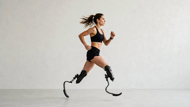 Femme avec proth&egrave;ses de jambe en train de courir, vue studio