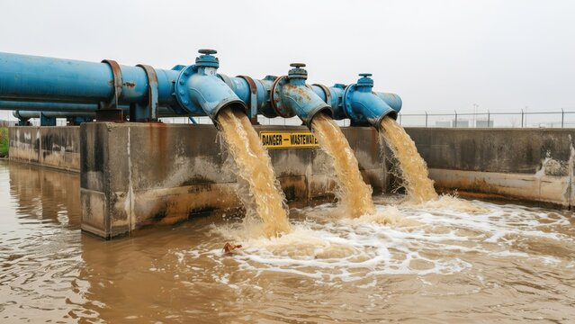 Wastewater flows rapidly from heavy industrial blue pipes directly into an outdoor water treatment facility.