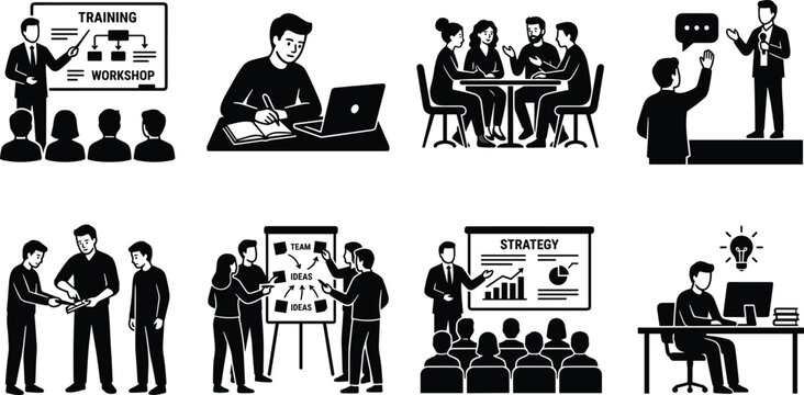 Business and Teamwork Silhouettes with Training, Strategy, Brainstorming, and Collaboration ScenesBusiness and Teamwork Silhouettes with Training, Strategy, Brainstorming, and Collaboration Scenes