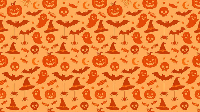 Seamless repeating pattern featuring various orange halloween icons on a light orange background surface design with pattern displays arrangement