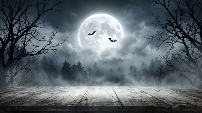 Wooden table surface in front of a spooky forest with a full moon with silhouettes bats flying foggy forest landscape landscape under bright