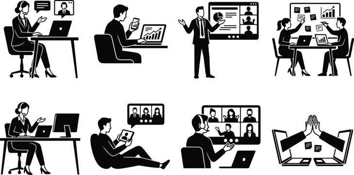 Remote Work and Virtual Meeting Silhouettes with Laptops, Video Calls, and Online CollaborationRemote Work and Virtual Meeting Silhouettes with Laptops, Video Calls, and Online Collaboration