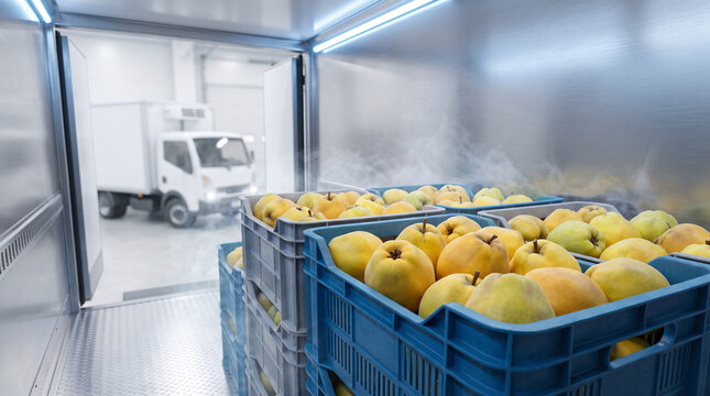 Fresh quince in plastic crates inside a refrigerated truck, cold chain transportation and fresh produce logistics