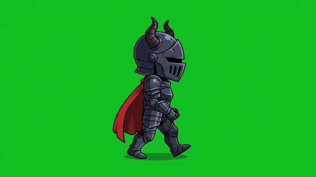 Chibi dark knight character walking in armor with a red cape on green screen background