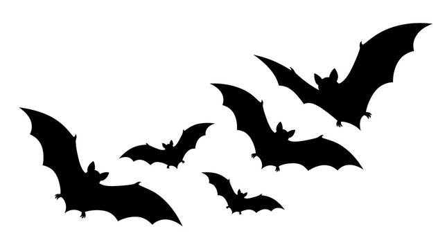 A group of black bat silhouettes flying together isolated against a white background for design with projects seasonal decorations