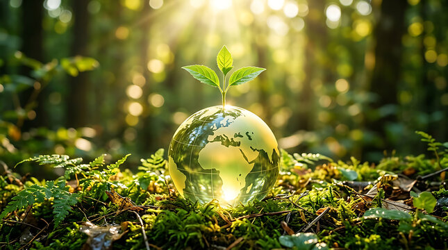 A small green plant growing out of a clear glass globe on a mossy forest floor with sunlight filtering through plant sprouts transparent