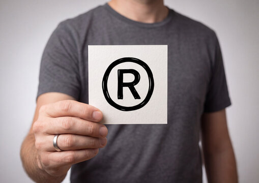 Registered trademark symbol printed on white card held by person wearing grey t-shirt in bright studio lighting close-up shot