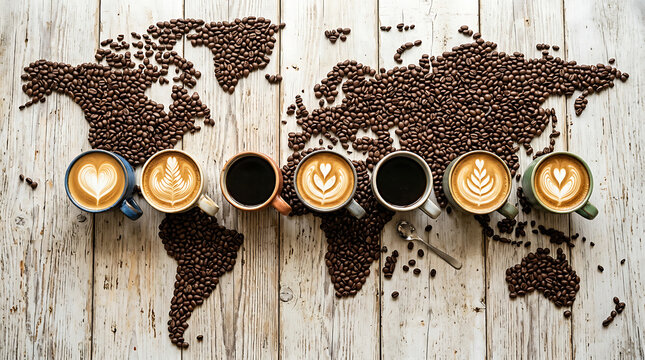 Seven coffee mugs with latte art arranged on a wooden table with roasted coffee beans shaped like a world map with wooden surface covered