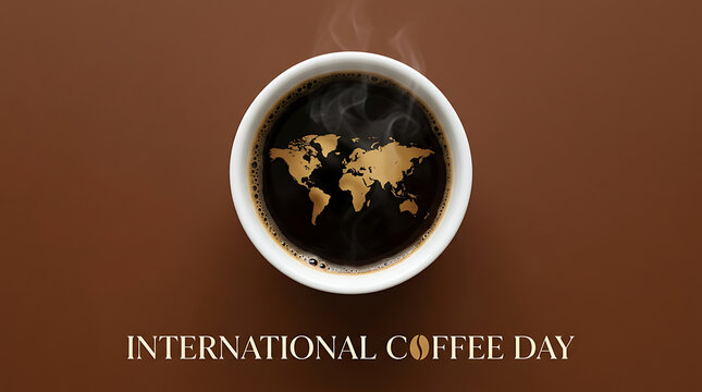 A cup of black coffee with a world map shape on the surface on brown background with pattern surface steam steam rising against white cup filled