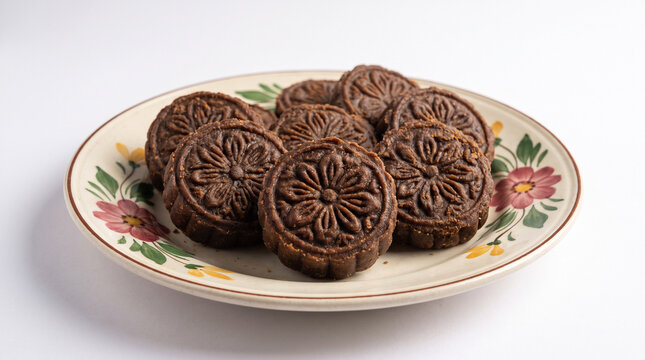 Authentic Brown Nolen Gur Sandesh with embossed floral patterns, on the plate isolated on crisp white background