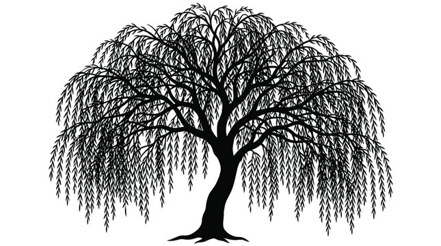 Weeping willow tree silhouette showcases its characteristic drooping branches and slender leaves, forming a flowing, rounded canopy in solid black against a stark white background.