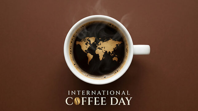 A cup of hot black coffee with a world map shape on the surface viewed from above on a brown background with silhouette surface with filled steaming black
