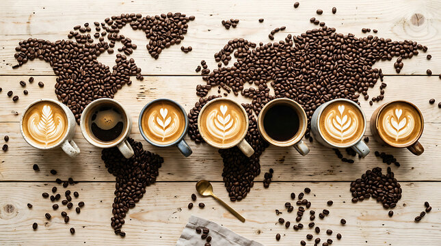 Coffee cups arranged on a wooden table with roasted beans forming a world map shape with surface decorated roasted black coffee placed