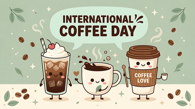 Three cute cartoon coffee cups with smiling faces celebrating international coffee day on green background with background decorated scattered