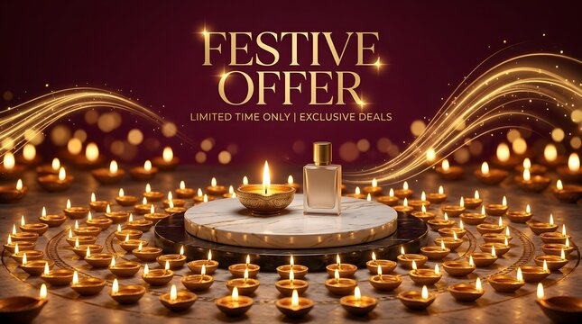 Festive offer with glowing lights and a golden stage for product presentation