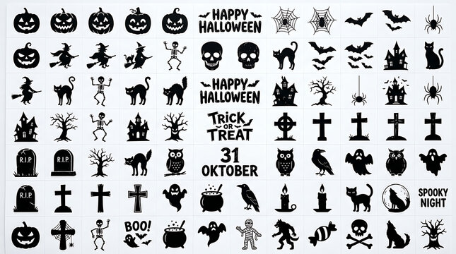 Set of black and white halloween themed icons and symbols on a white background with silhouette icons representing halloween themes