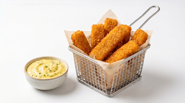 Golden Fish Finger basket served with tartary mustard dip, pure white background