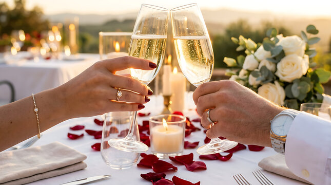 Couple toasting with champagne glasses at a romantic candlelit dinner table with rose petals outdoors with decorated candles scattered