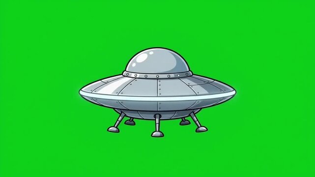 Cartoon UFO flying saucer illustration isolated on a green screen background