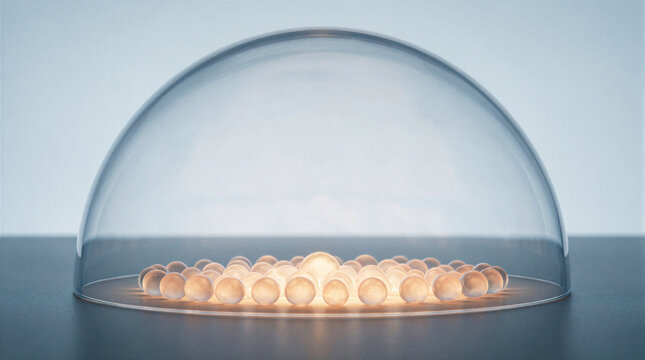 Glowing cells under a translucent biodome resting on a smooth dark surface