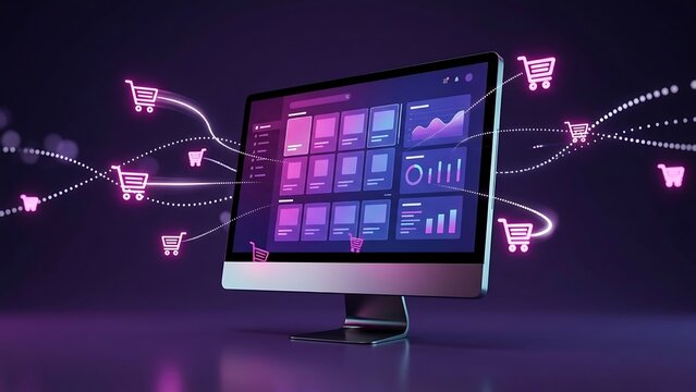 Modern computer monitor displaying online retail dashboards with glowing neon shopping cart icons floating in a dark purple studio setting