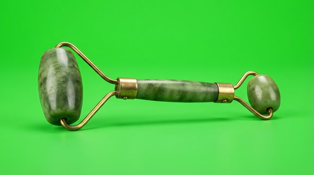 Dual ended jade facial roller tool for skin care on a bright green background