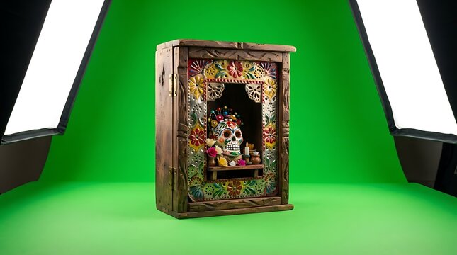 Ornate wooden nicho shrine featuring a decorated skull on a green backdrop