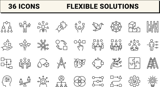 Adaptability line icon set. Vector pictograms of flexibility, agility, change, and management elements, thin linear illustration.