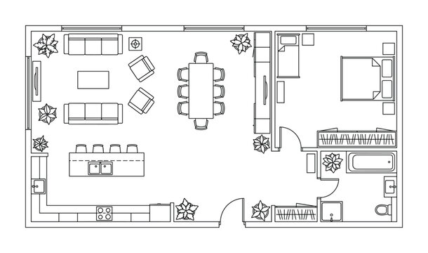 Modern apartment floor plan blueprint with furniture arrangement.