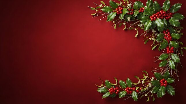 A curved festive border of holly branches with red berries and white mistletoe arranged on a deep red textured background, for christmas