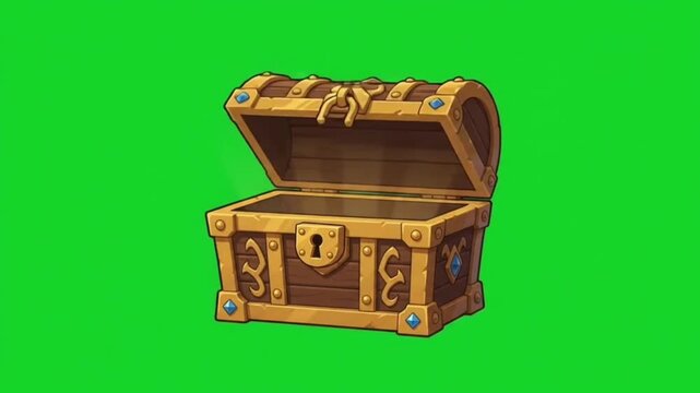 Cartoon wooden treasure chest with gold trim and padlock on a green screen background