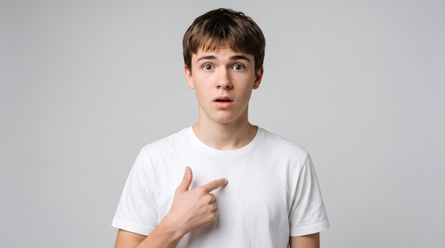 Young man in a white T-shirt points at his chest with a surprised, questioning expression against a neutral studio backdrop, useful for confusion, self-reference and disbelief themes.