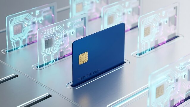 Modern financial technology concept with blue smart card inserted into digital reader