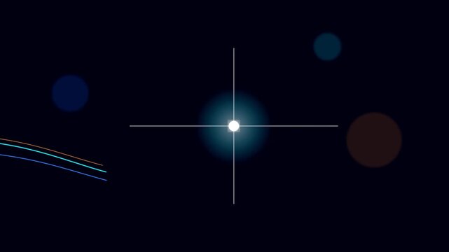 Abstract celestial design featuring a bright star, crosshair, colorful planets, and space elements, suitable for astronomy, scifi, and technology concepts.
