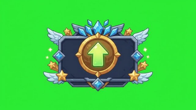 Fantasy game UI level up frame with wings and blue crystals on green screen background