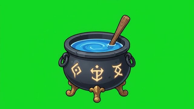 Magic cauldron with glowing runes and blue potion on a green screen background