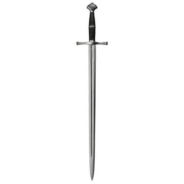 A medieval longsword with a steel blade, crossguard, and wrapped black leather grip isolated on a transparent background