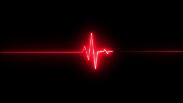 Glowing neon red heart pulsating with electrocardiogram line on black background medical cardiology health 4K  motion animation.