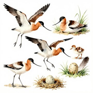 Watercolor illustration set of American Avo cet flight, nest, egg, and chick.
