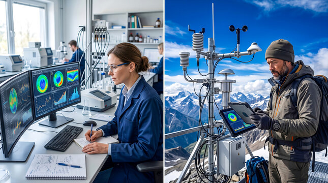 Split view of laboratory scientist analyzing data and meteorologist at mountain station