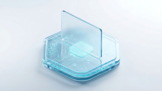 Futuristic Hexagonal Glass Platform with Glowing Circuitry and Vertical Screen