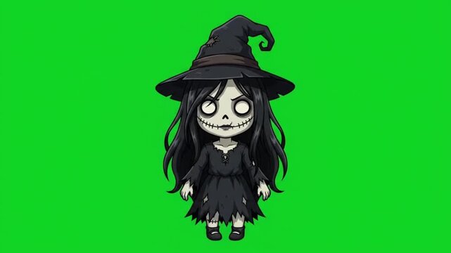 Cute cartoon witch girl character with spooky makeup isolated on green screen background